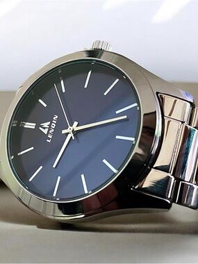 LENQIN Mens Waterproof Stainless Steel Luxury Watch - Silver with Blue Face